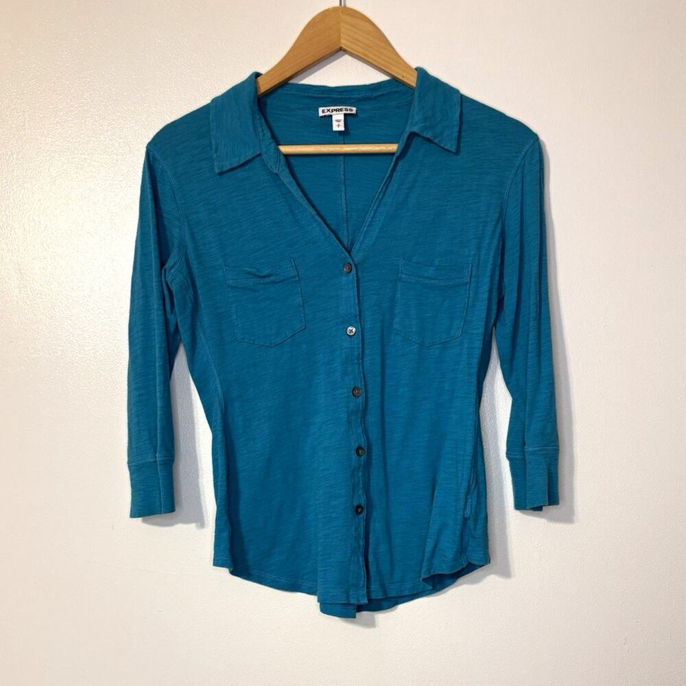 Express Women's Blue Solid Collared Knit Button-Up 3/4 Sleeve Shirt S